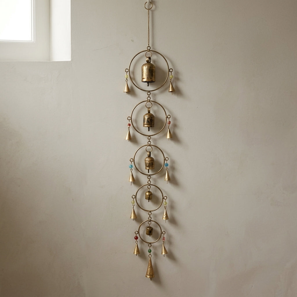 5-Tier Vintage Brass Hoop Wind Chime with Bell Accents – Free Spirit Bazaar