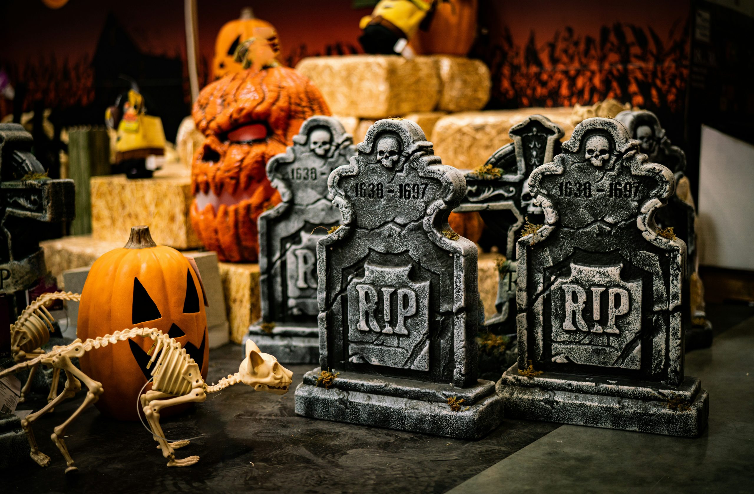 a group of tombstones sitting on top of a table