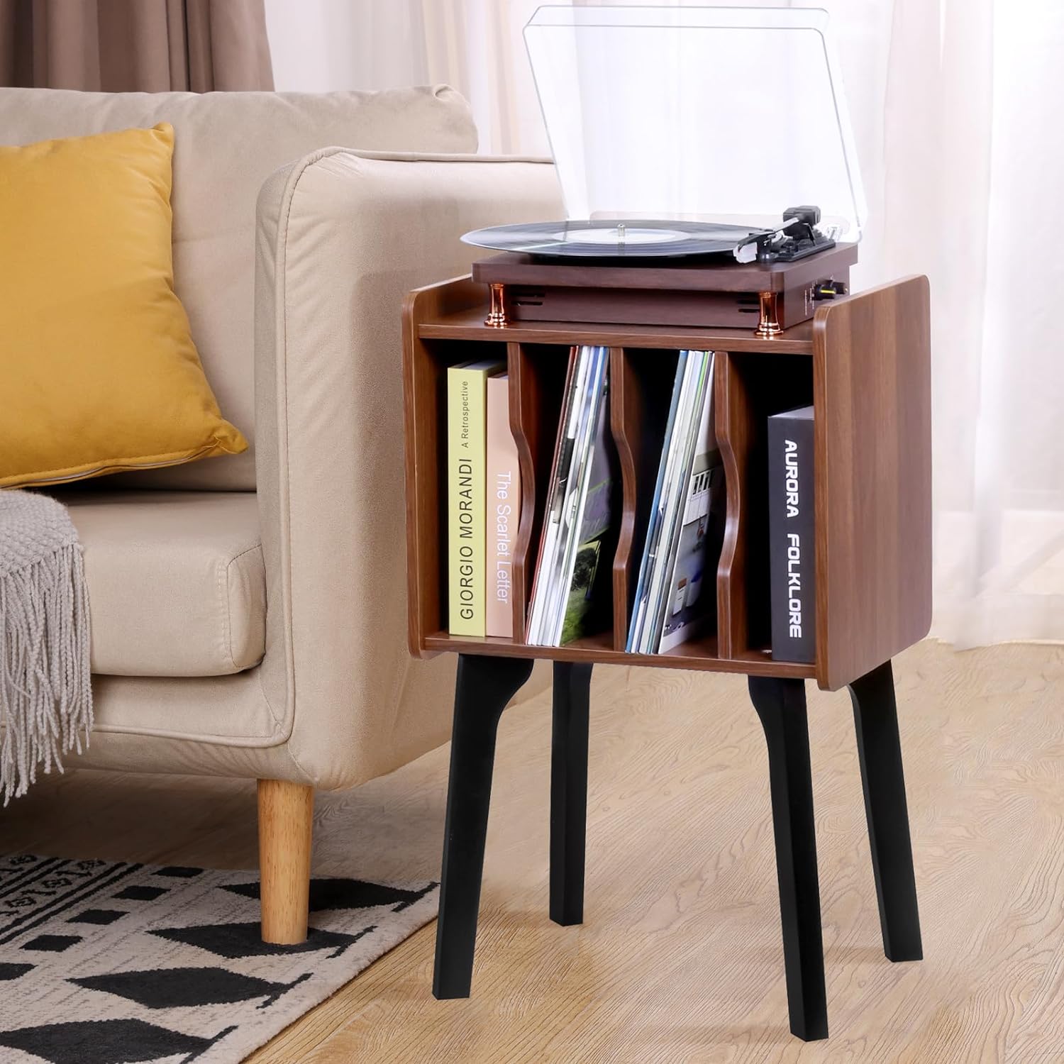 Audio Keeper | Walnut Record Player Stand – 4 Cabinets & Wood Legs for Vinyl Storage