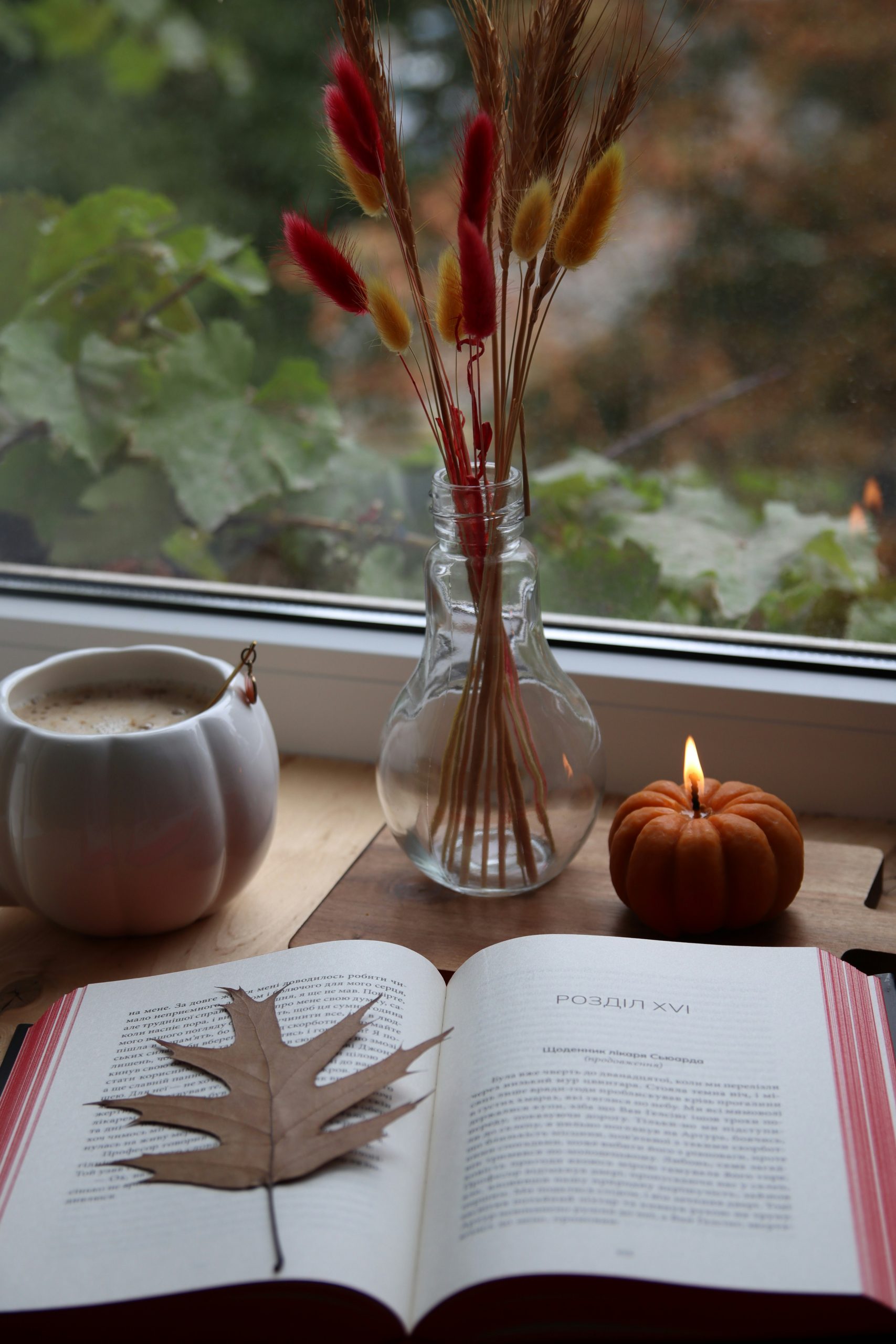Autumnal still life with book, coffee, and candle