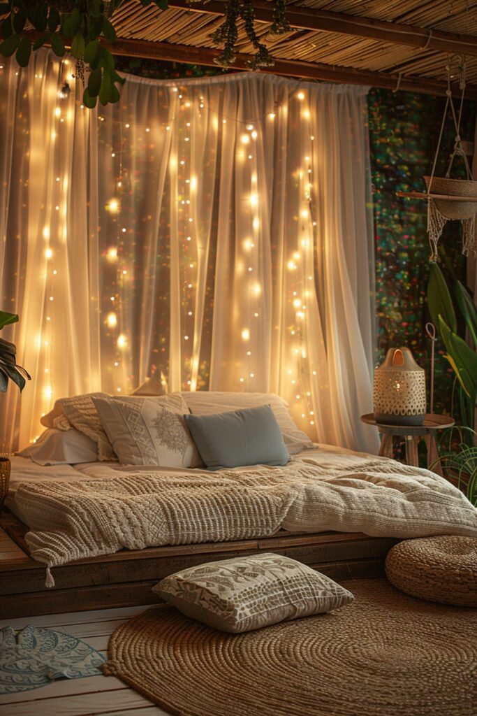 Boho Fairy Lights With Tapestry Wall Decor Fairy Macrame Wall Hanging, Tapestry Chic Tapestry Fringe Garland