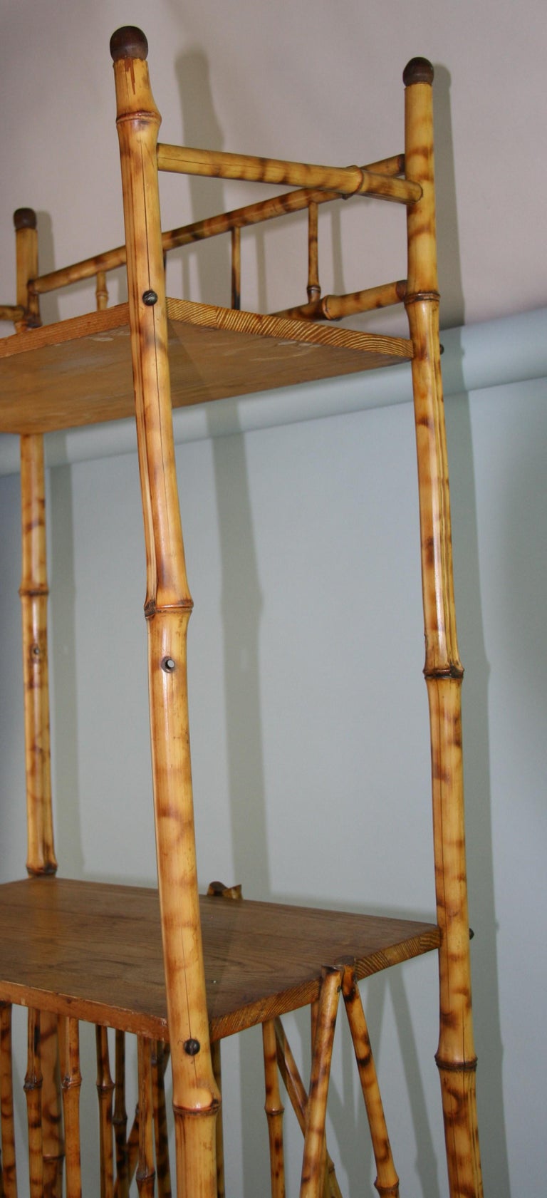 Burnt Bamboo Ball Finials 3 Tier Small Decorative Etagere Shelving Bookcase For Sale at 1stDibs
