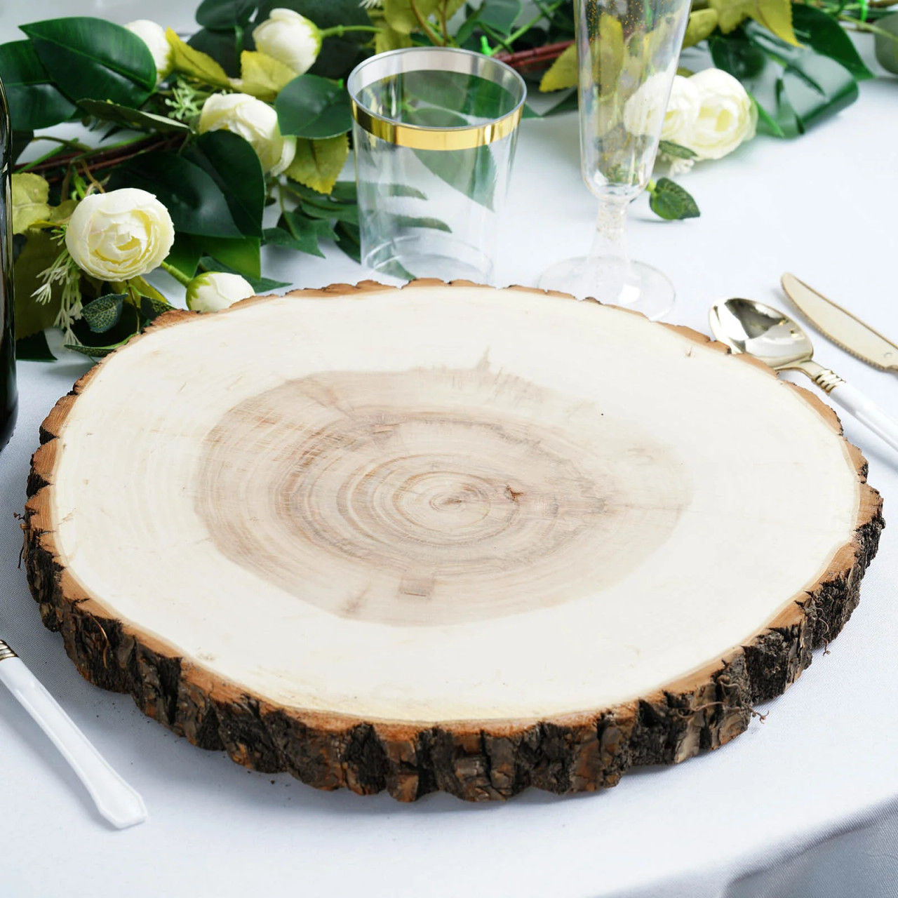 Case of 12 Natural Wood Charger Plates With Bark Edge | Wood Slice Chargers | Rustic Wedding Table Settings - 15' Dia - EventsWholesale.com