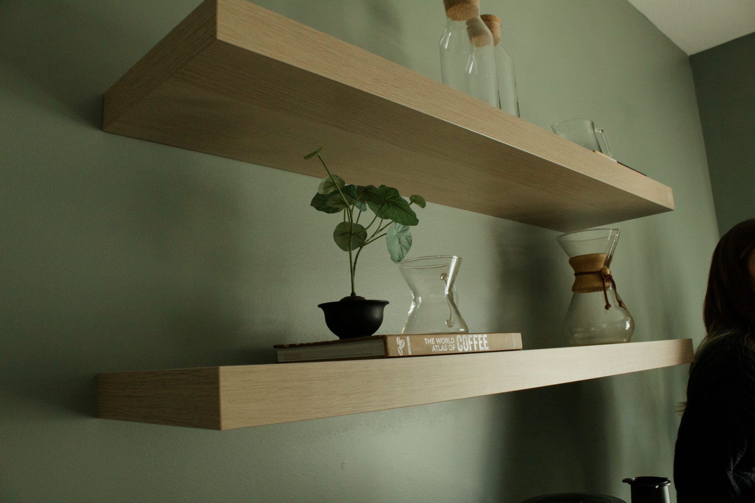 Chic floating shelves with books, decorative plants, and carafes on a green wall.