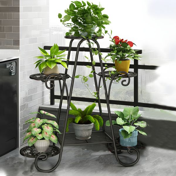 Classic Metal Plant Stand, Multi-Tier Flower Pot Holder with Ornamental Scrollwork for Indoor Patio Display - Black 32'L x 9'W x 31'H