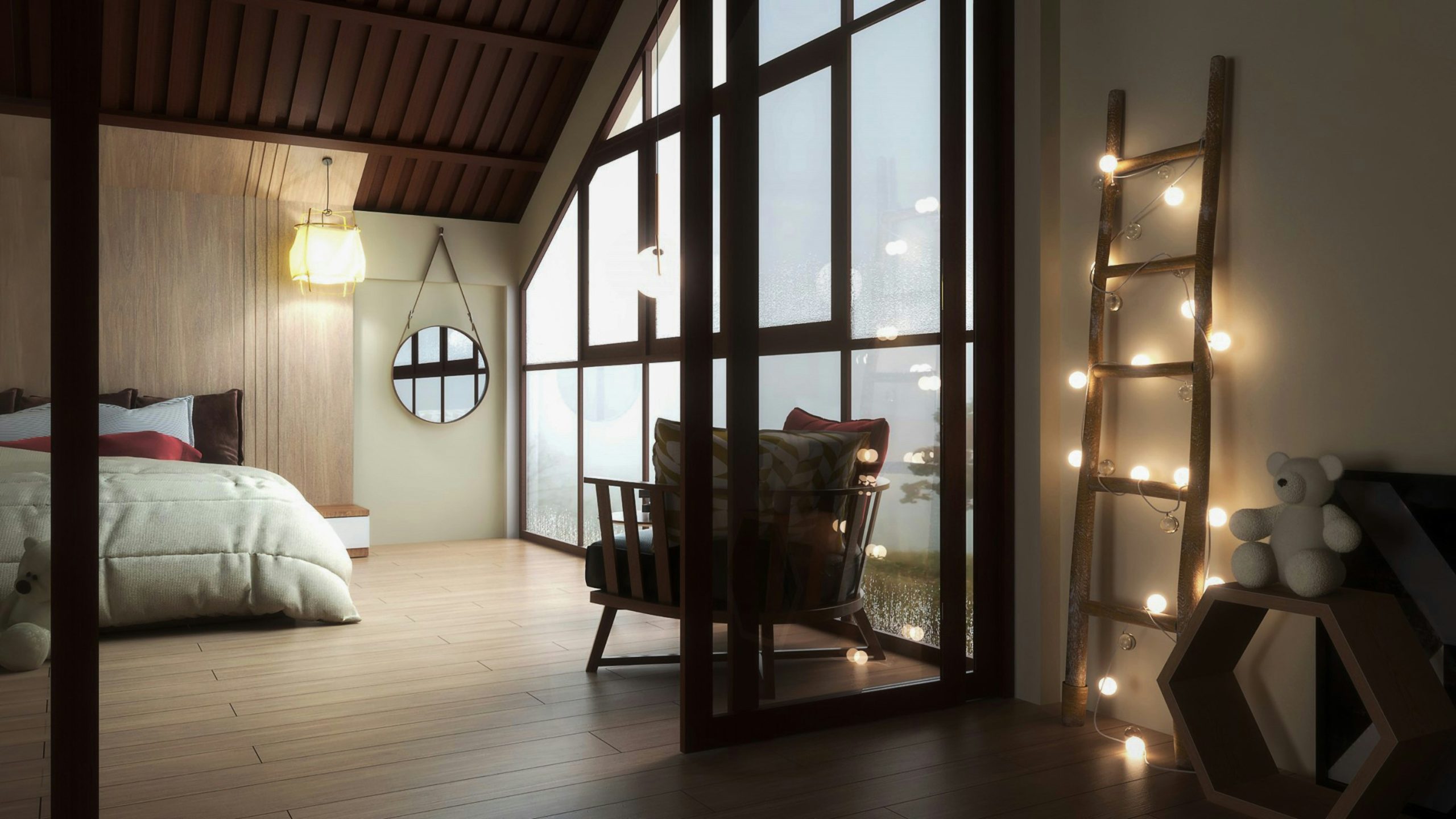 Cozy bedroom with large windows and string lights