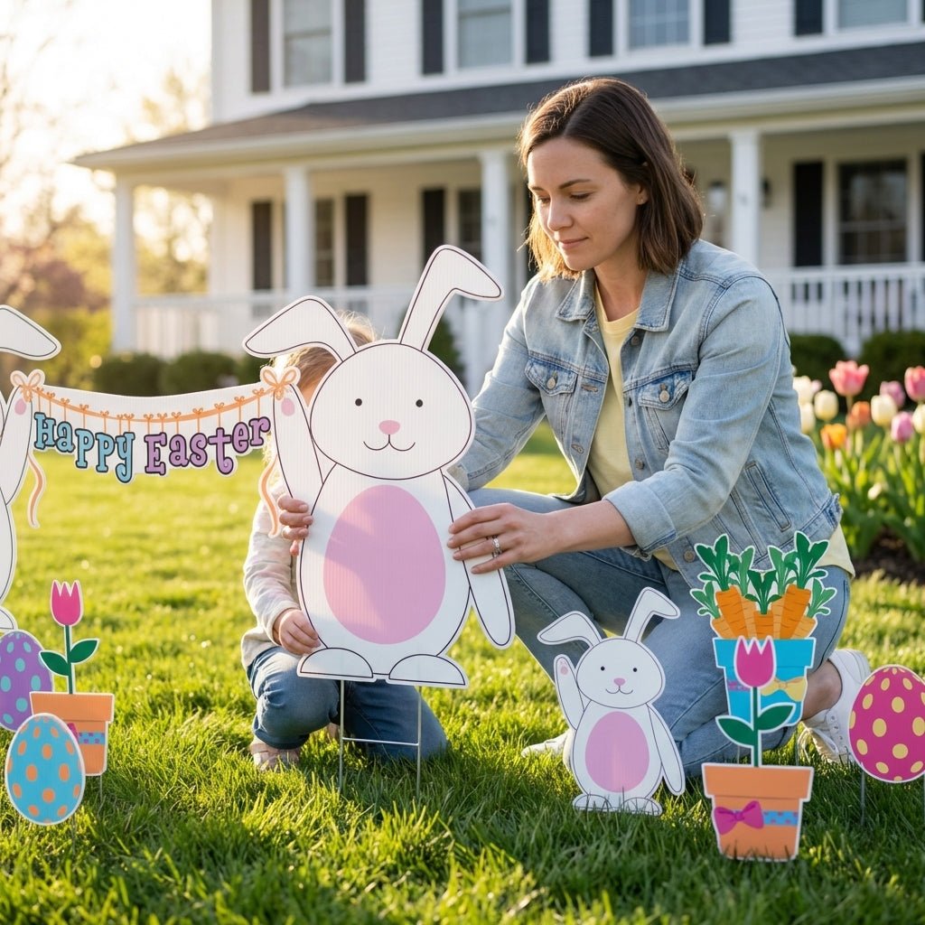 Easter Yard Signs Decorations 12-Piece Easter Yard Signs – Colorful Bunny & Egg Decorations With Stakes, Waterproof Corrugated Plastic, Large 13.8” For Lawn, Garden & Front Porch