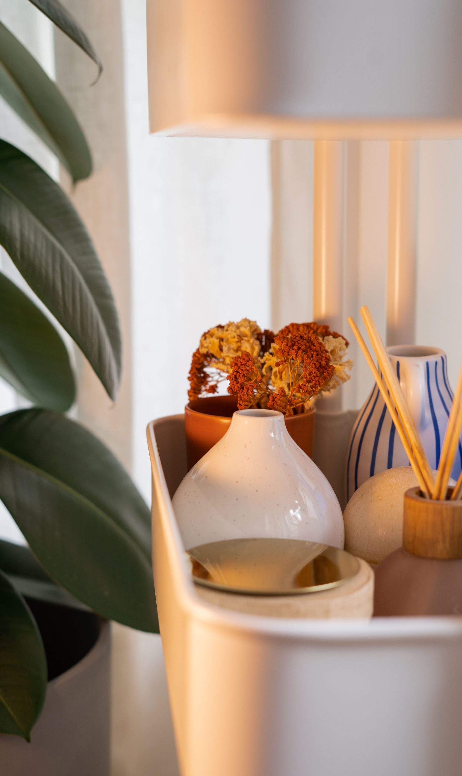 Elegant arrangement of vases and dried flowers capturing the essence of a cozy home decor style.