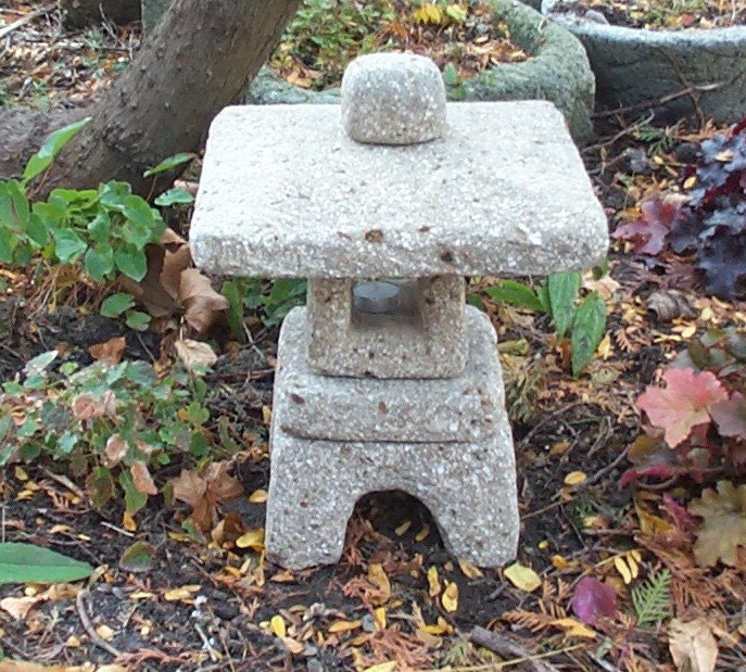 Garden Lantern (limestone) | Square Japanese Pagoda | Handmade Hypertufa Sculpture | Lightweight Concrete Outdoor Stone Garden Art | 3 sizes