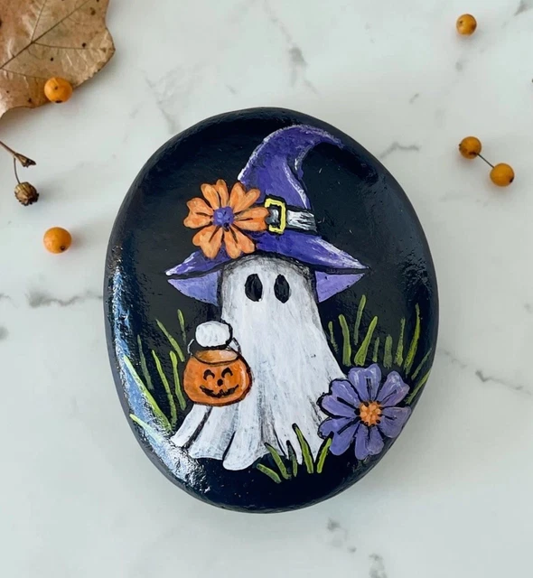GHOST PAINTED ROCK, Witch Hat Halloween Decor, Spooky Cute Halloween Rock Art £11.65 - PicClick UK