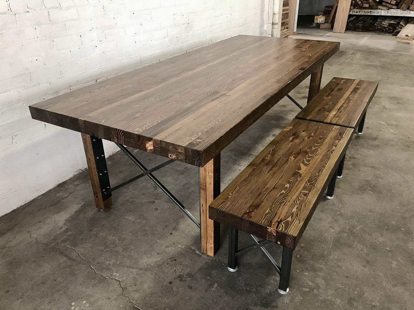 Grand Urban Farmhouse Dining Table and Bench Set - Walnut Stain Finish - WORKSHOP