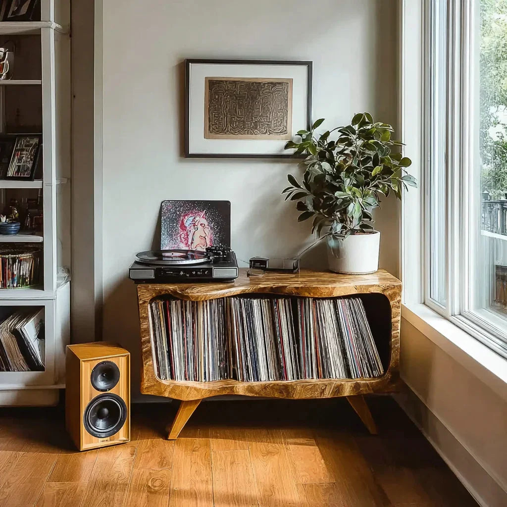 Handcrafted Wooden Record Player Stand – Natural Turntable Station wit