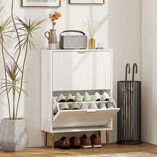 HOMCOM Slim Shoe Storage Cabinet with 2 Flip Drawers for Hallway, White