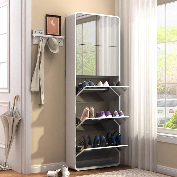 Mirror Shoe Cabinet For Entryway,Full Length Mirror Narrow Shoe Storage Organizer,Flip Down Shoe Rack 5 Tier Slim Shoe Storage Cabinet For Hallway, Living Room,Home And Apartment(White) | SHEIN USA