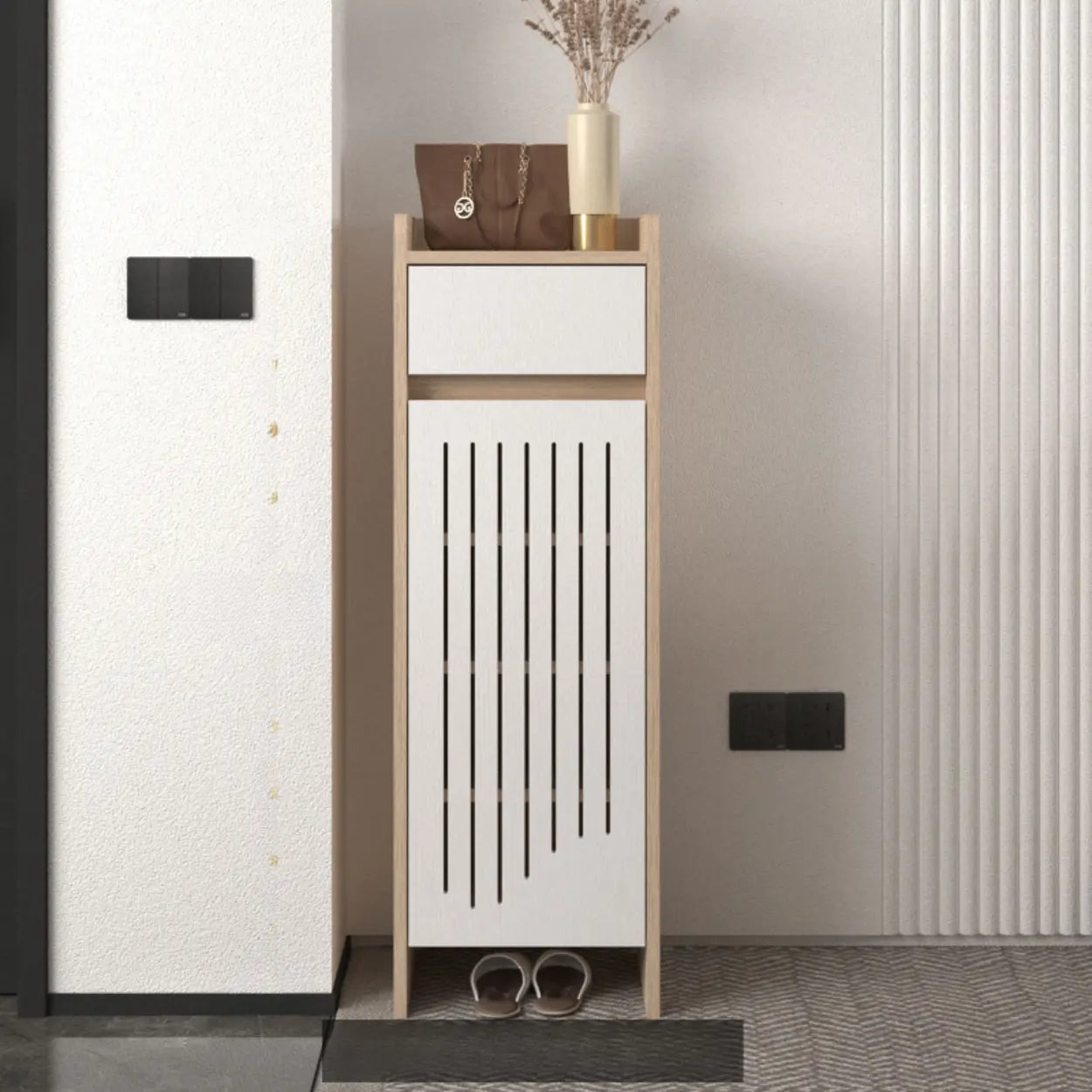 Modern Slim Beige Wood Hallway Shoe Cabinet | Lighom