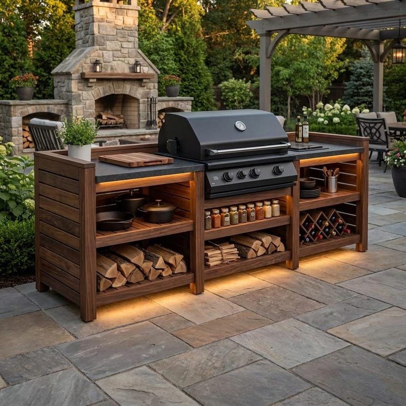 Outdoor Kitchen Island With Side Burner – 86' 4+1 Burner Modular BBQ Station With Sink, Fridge & Granite Counter