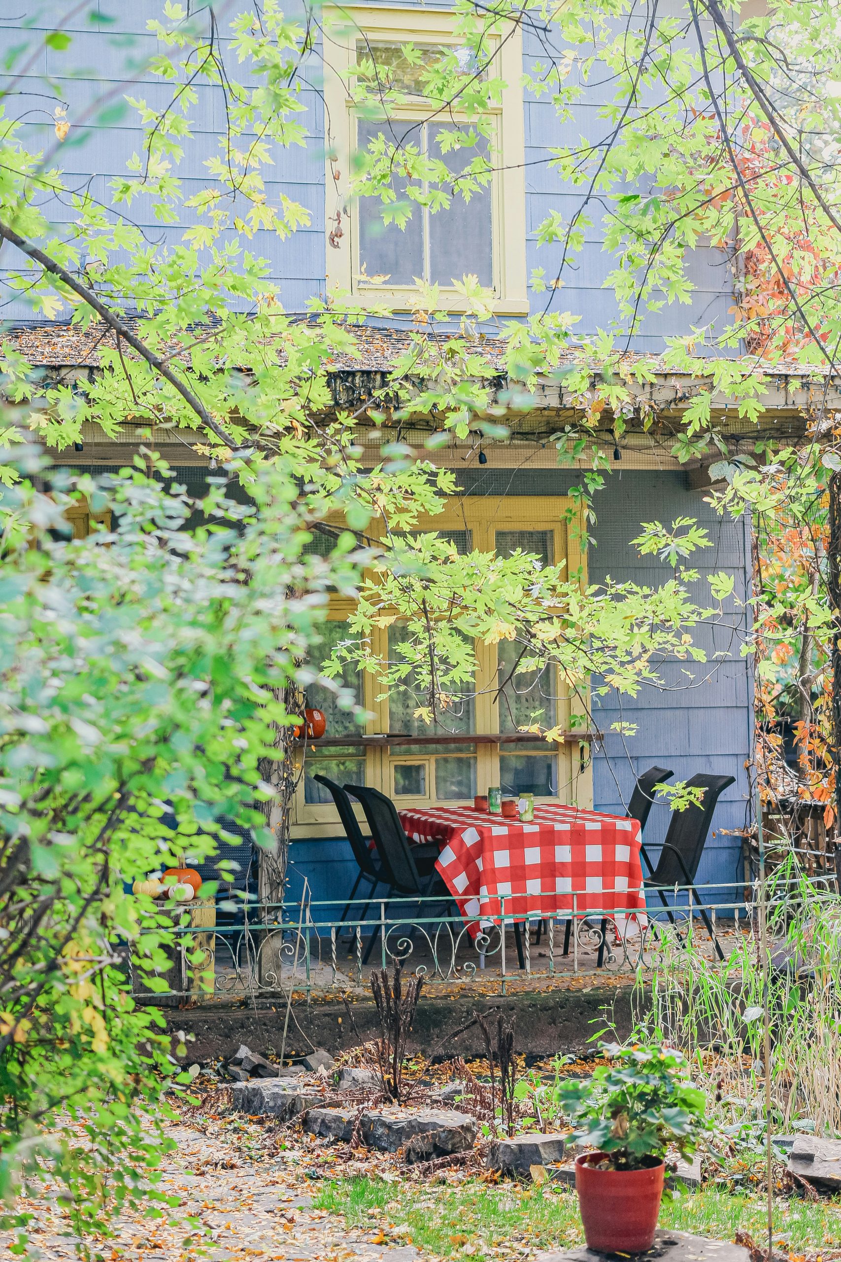 Porch with table set for dining in overgrown garden