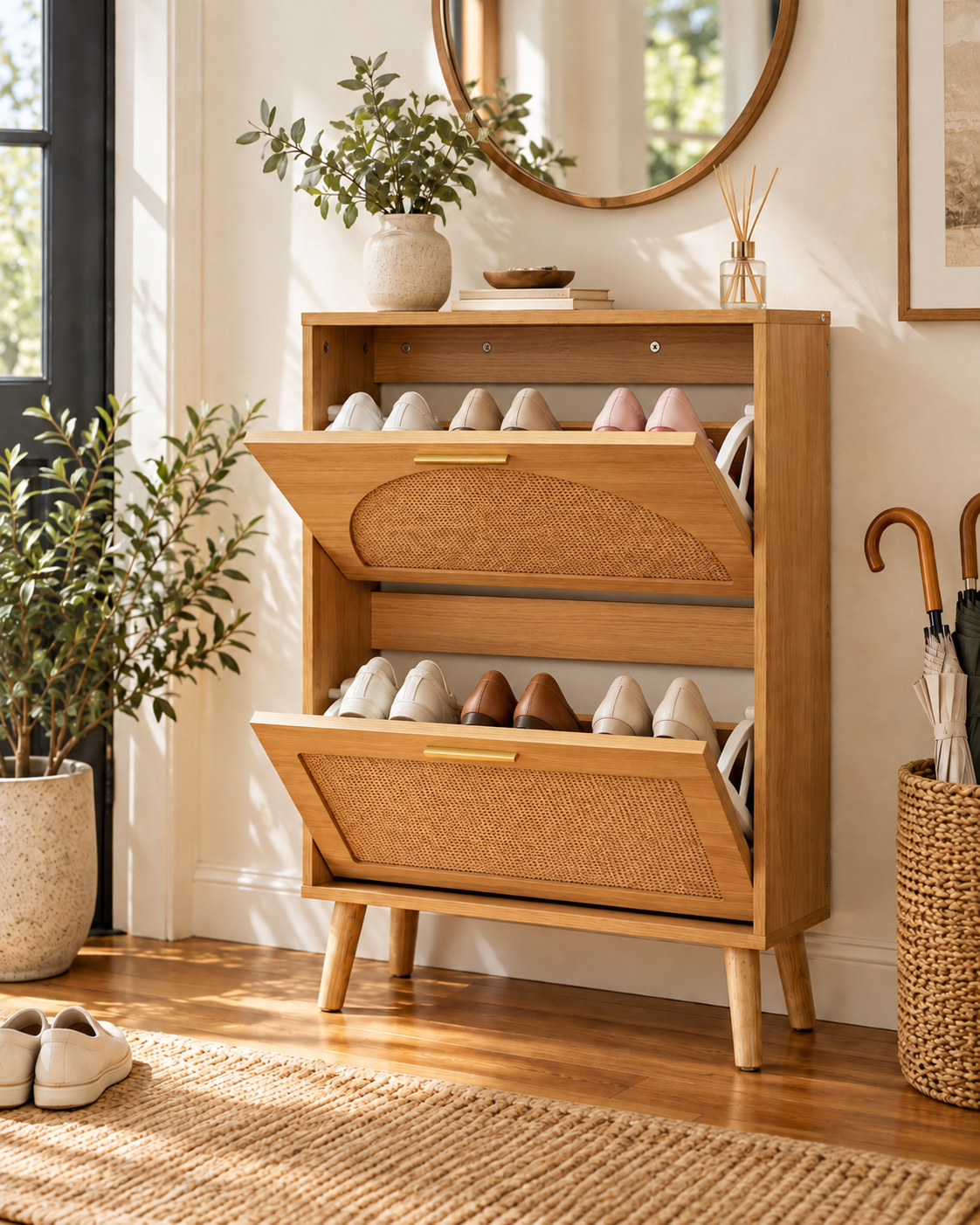 Rowan Slim Shoe Cabinet | Rattan Entryway Storage | Brinlow Home