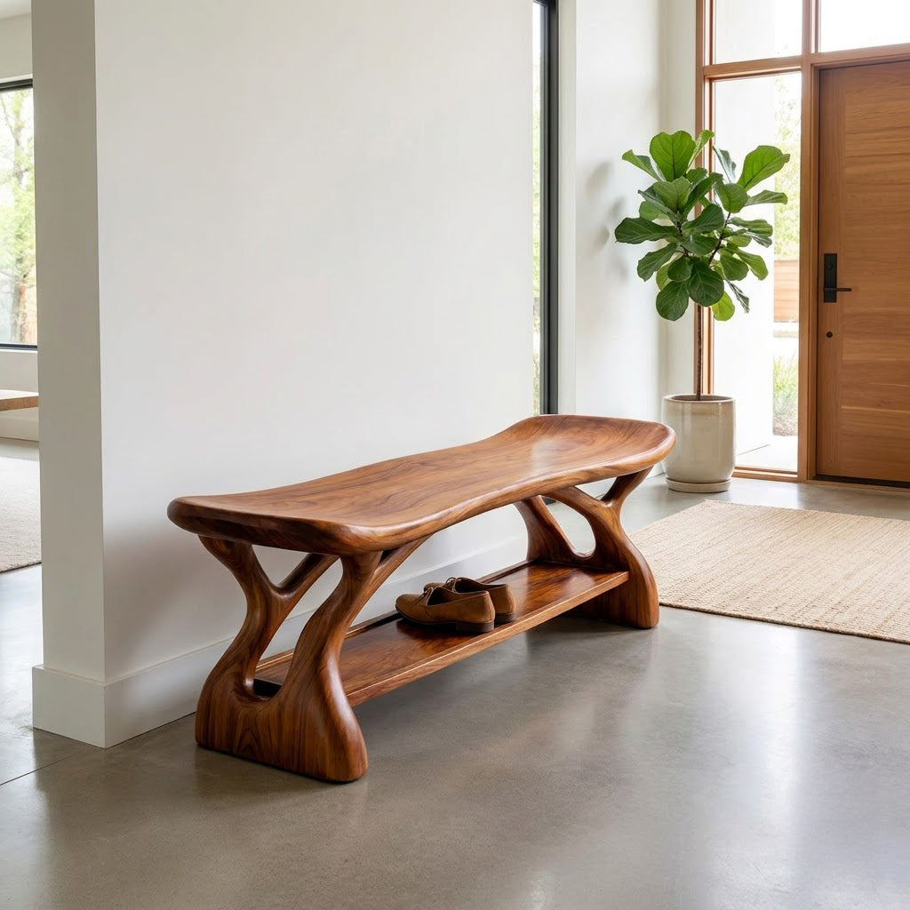 Sculptural Saddle Solid Wood Entryway Shoe Bench | Ashdeco