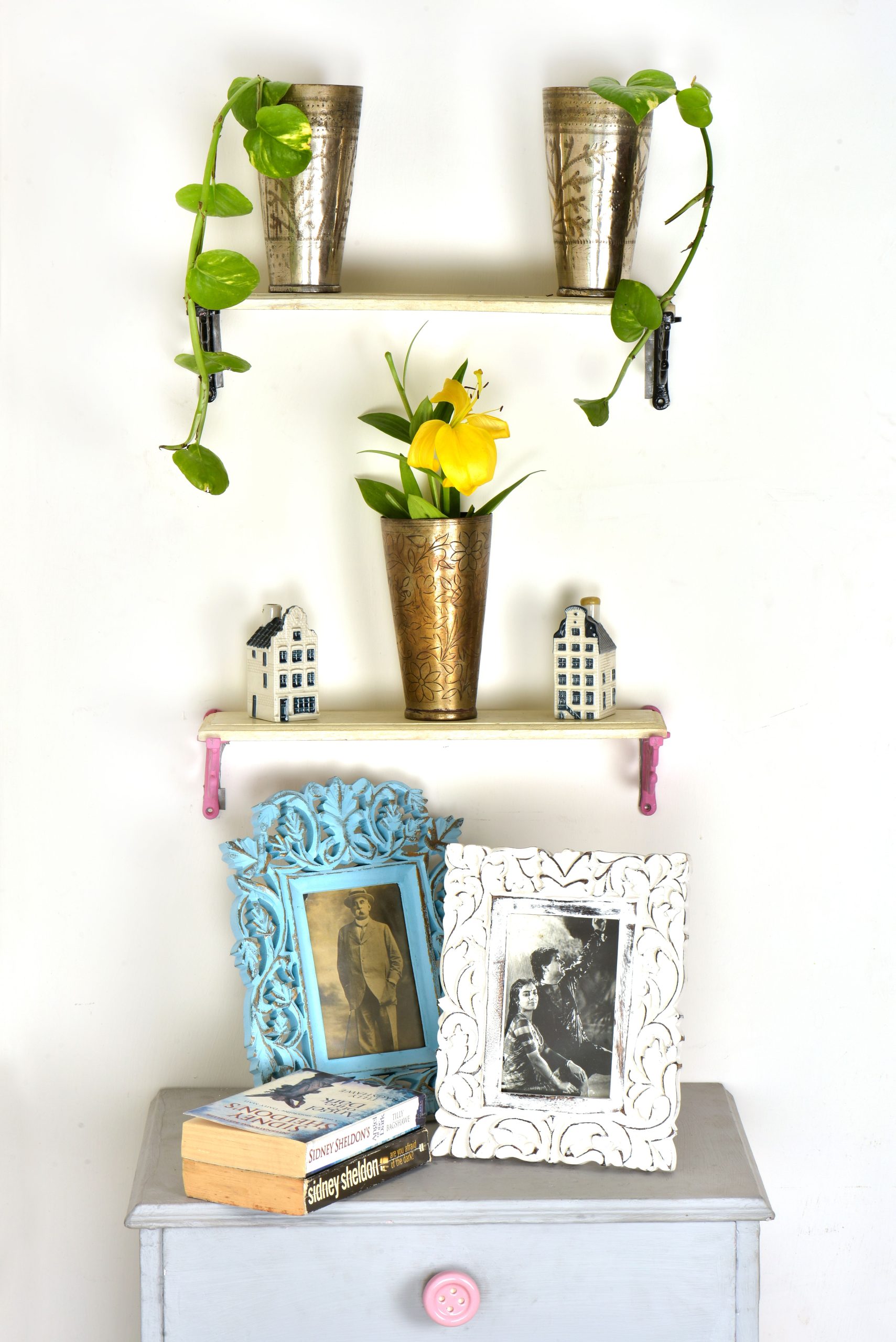 Stylish shelves with potted plants, vintage books, and ornate picture frames.