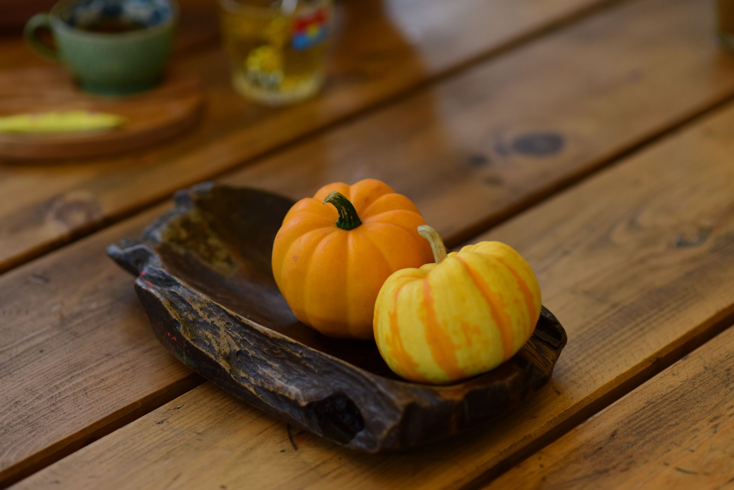 Two colorful mini pumpkins displayed on a rustic wooden table, perfect autumn decor.