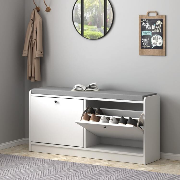 Velacasa White Shoe Bench,Shoe Bench With Padded Seat,Modern Entryway Bench With 2 Flip Drawers,