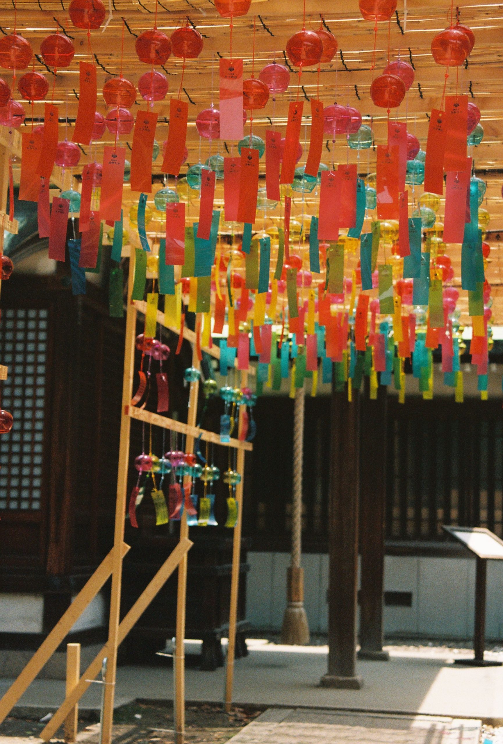 Vibrant wind chimes hanging in a Japanese temple, showcasing colorful traditional design.