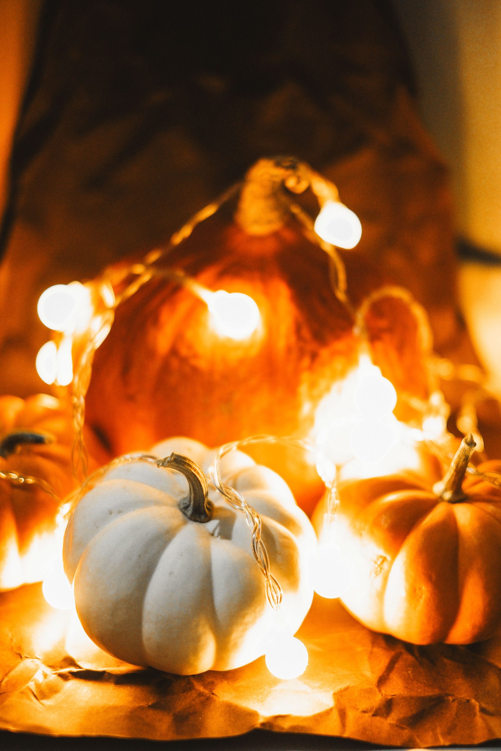 Warm autumn setup featuring pumpkins and glowing fairy lights, perfect for fall and Halloween themes.