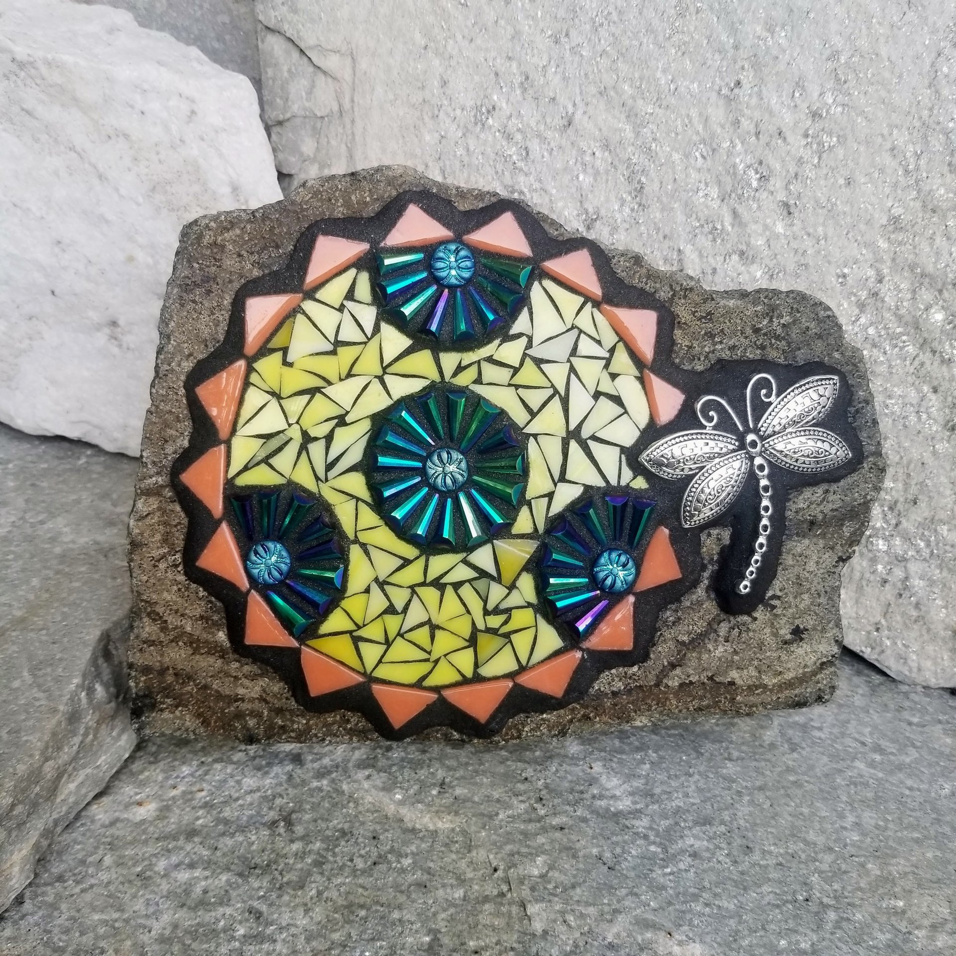 Yellow Mosaic Sun, Bee and Flowers Garden Stone, Garden Decor | Chris Emmert Mosaic & Design