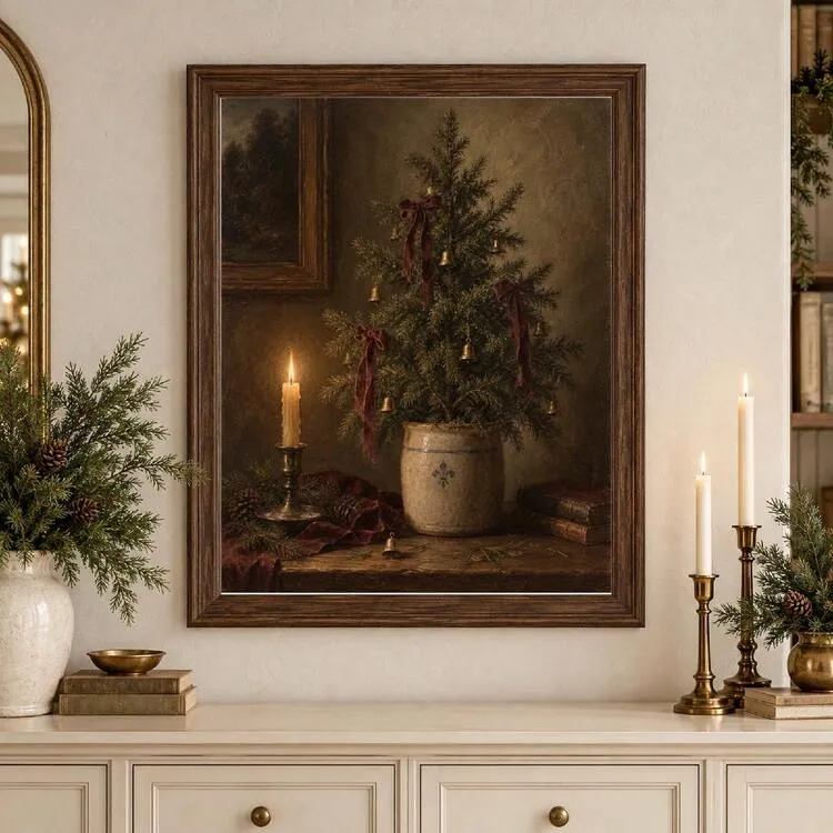 1 Piece, Vintage Christmas Tree Canvas Poster, Decorated With Ribbon, Rustic  Holiday Wall Decor, Classic Christmas