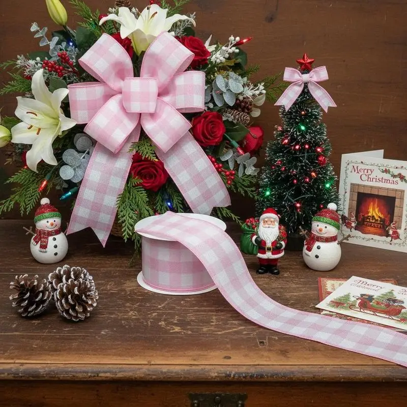 * 1 Roll 63MM Christmas Valentine'S Day Plaid Ribbon, Pink And White Plaid Bow Ribbon with Metal Wire, Suitable for Handmade Crafts Materials / * Supplies / Home Decoration / * Garland / Gift ...