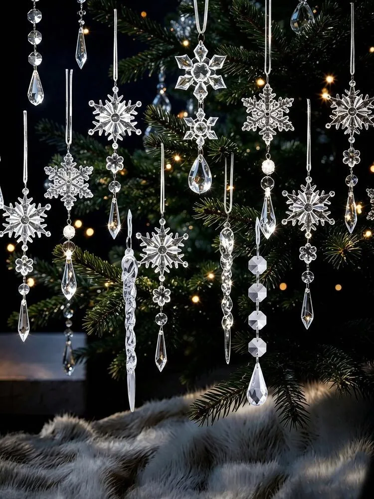 10/18pcs Christmas Crystal Hanging Ornaments, Christmas Tree Acrylic Decorations, Merry Christmas Decor, Hanging Snowflake Icicle Pendant Ornaments, Christmas Decorations, Winter Party Decor Pendant