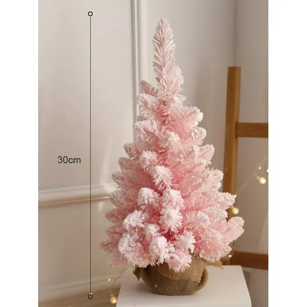 11.8in Pink Snow Flocked Mini Christmas Tree Artificial Snowy Pine Tree Tabletop Ornament with Burlap Base Small Desktop Window Decor for Bedroom Apartment Holiday Gift - Walmart.com