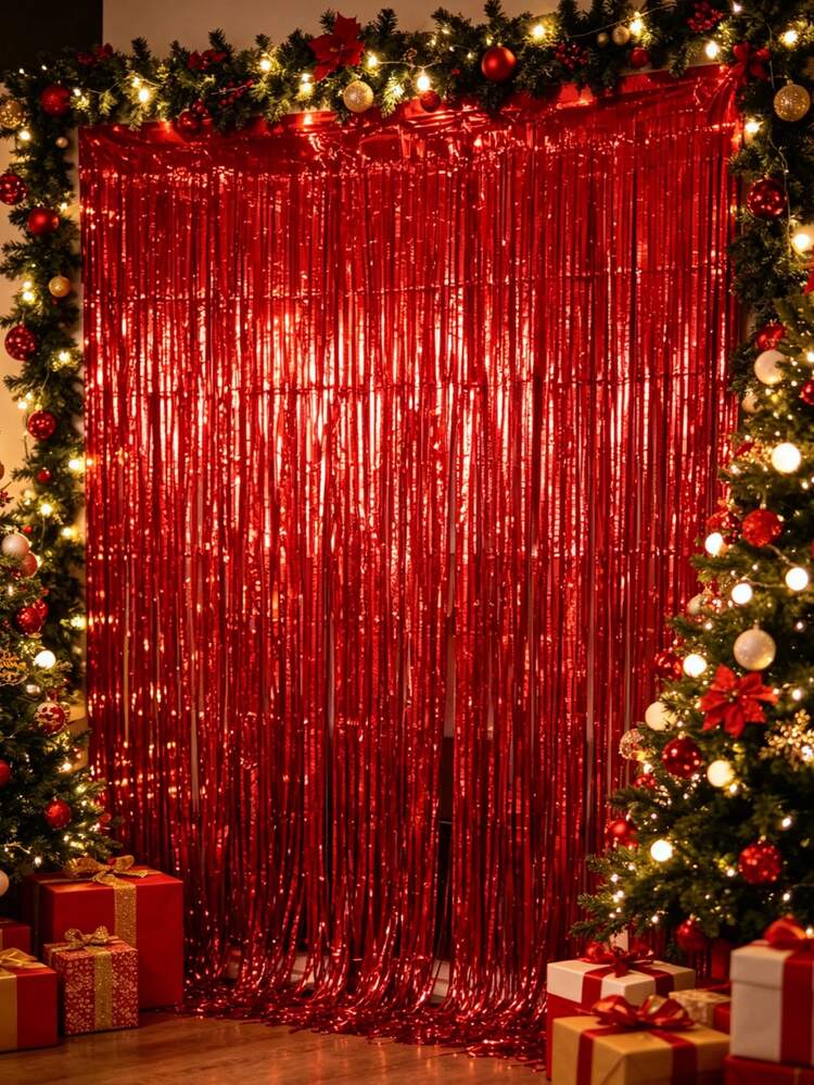 1/2/4/6pcs Red Background Decorative Curtains, Red Metallic Foil Curtains, Red Glitter Tinsel Curtain Edge Birthday Party Background Decoration, Christmas Decoration, Door Curtain, Red Birthday Part