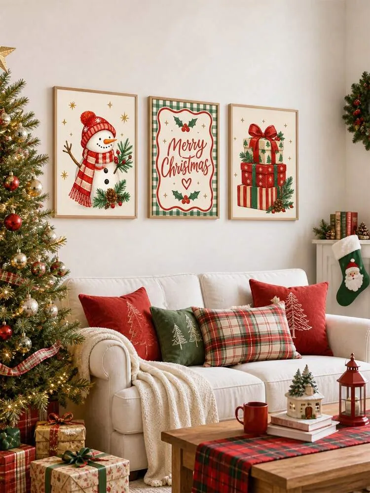 1/3pcs Vintage Red & Green Christmas Wall Art, Green Plaid Snowman Gift Box Canvas Print | Farmhouse Holiday Home Decor, Suitable For Bedroom, Living Room Or Office, Rustic Cozy Christmas Poster, Co