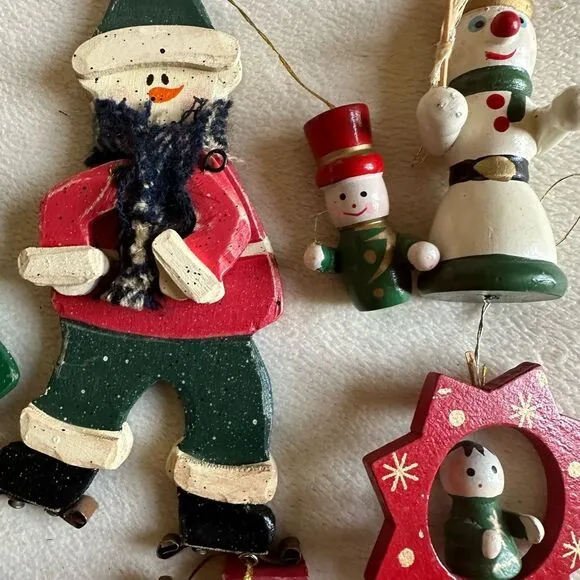 14 wooden (and more) French vintage rustic mini Christmas tree ornaments.