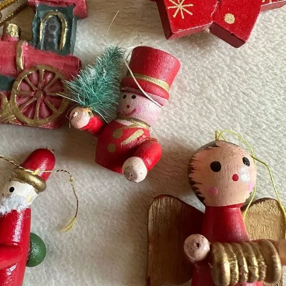 14 wooden (and more) French vintage rustic mini Christmas tree ornaments.