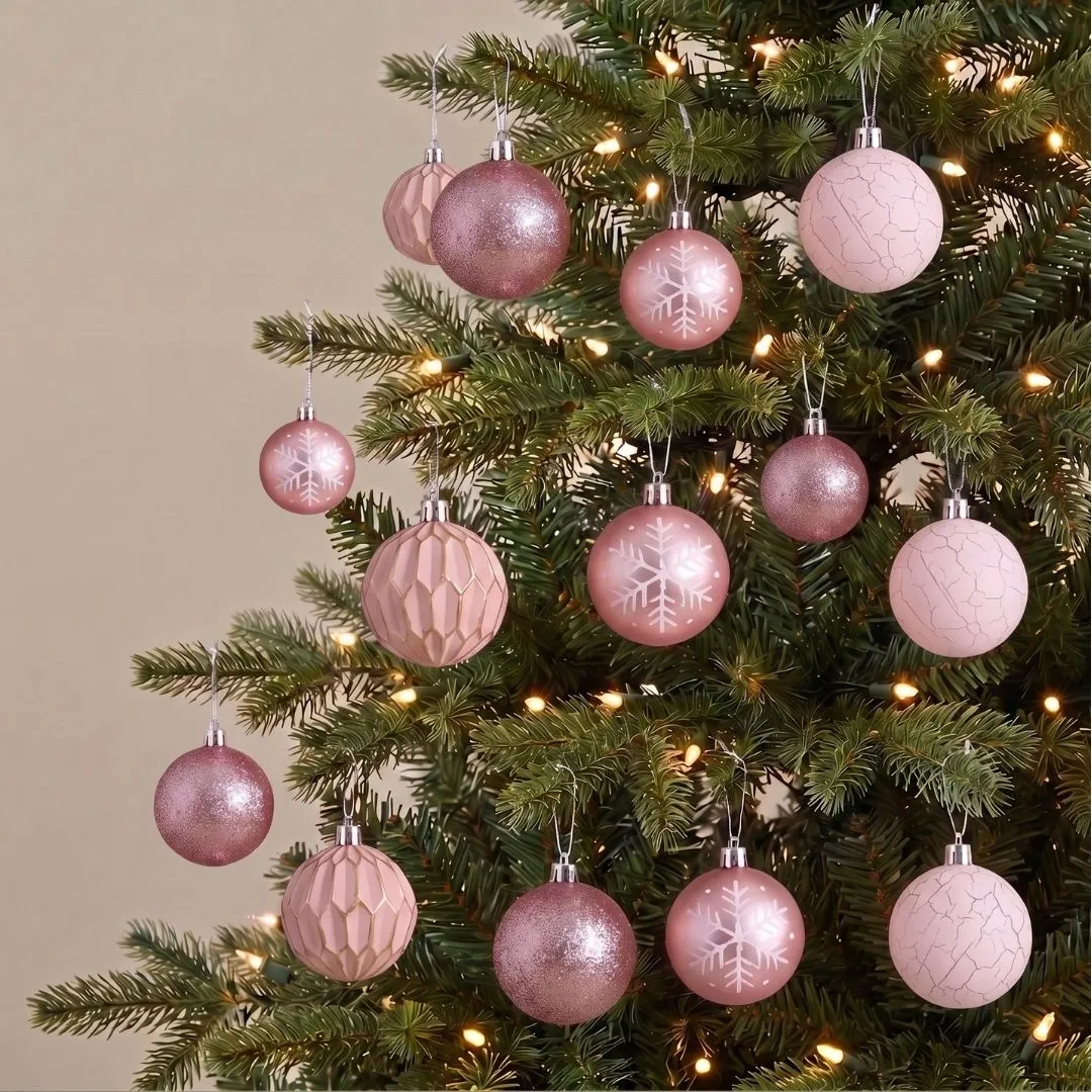 16pcs Set Pastel Pink Christmas Hanging Baubles Ornament (D61)