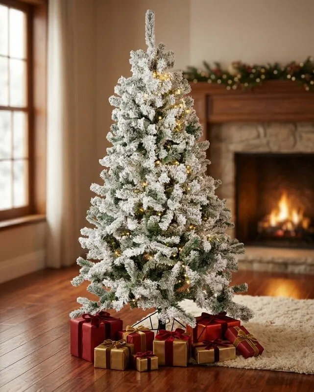 1.8m Dawn White Heavily Flocked Christmas Tree | 598 Tips & Hinged Branches | Buy Snow Flocked & White Christmas Trees Online | Christmas Warehouse