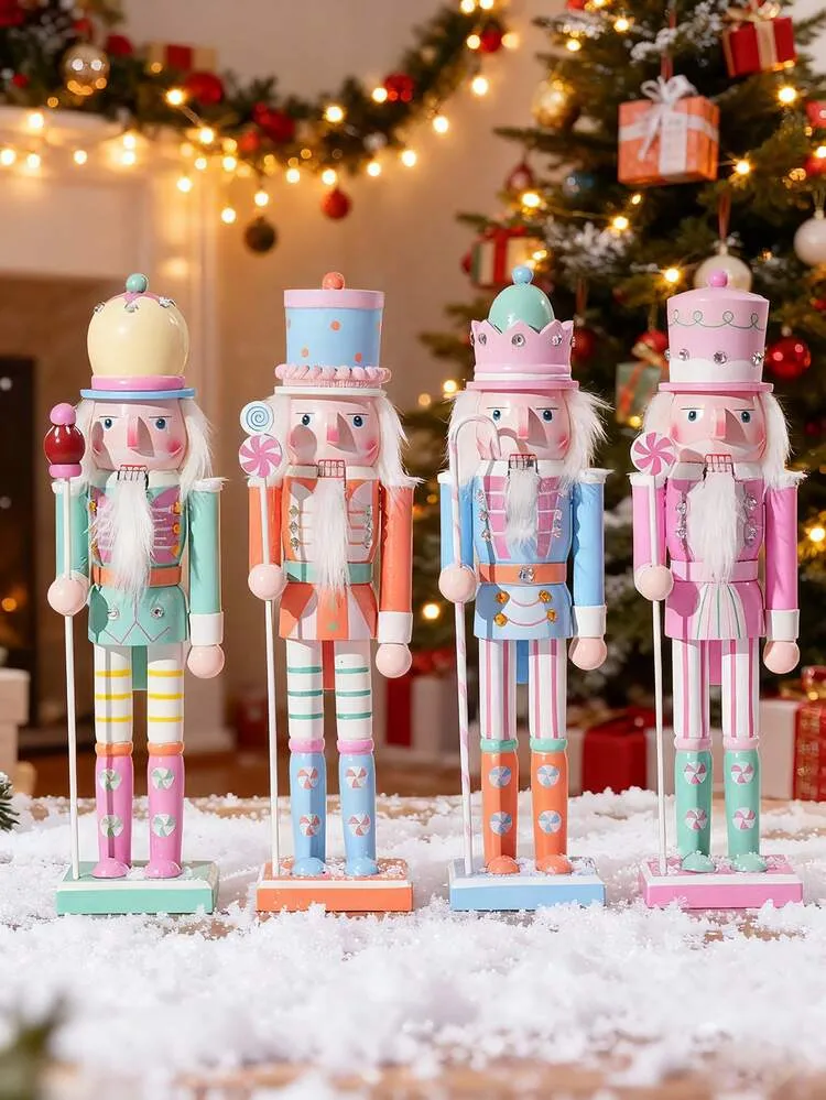 1pc 30cm Christmas Nutcracker Figurine, Wooden Soldier Desktop Ornament, Macaron Nutcracker Decoration, Christmas Decoration, Christmas Home Decor, Christmas Party Decoration, Wooden Christmas Tree