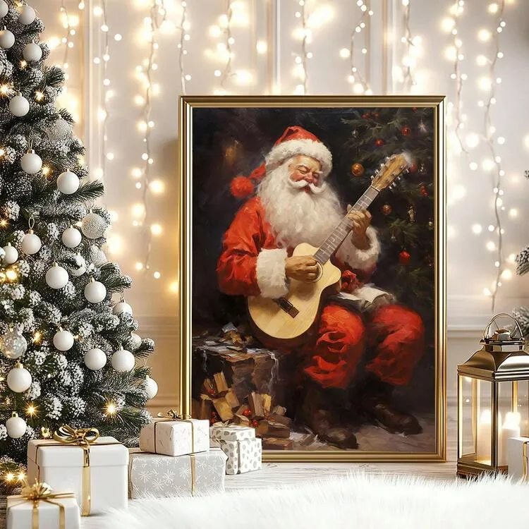 1pc, Canvas Wall Art, Christmas Framed Wall Art, Santa Playing Guitar Art,  Vintage Christmas Wall Decor,