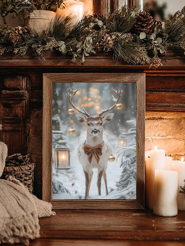 1pc, Canvas Wall Art, Framed Wall Decor, Winter Snow Scene Brown Bow Gold  Christmas Ball Deer Canvas Painting, Forest Warm Light Christmas Poster,  Farmhouse Style Christmas Decor, Suitable For Moder