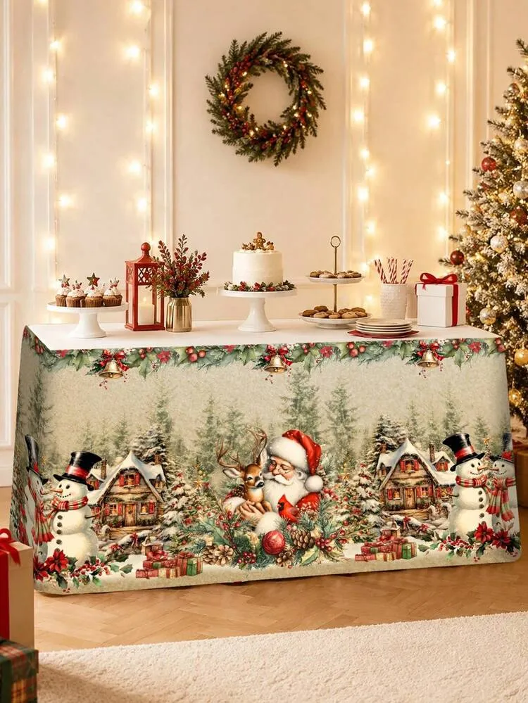 1pc Christmas Party Table Skirt, Vintage Santa Claus Snowman Printed  Polyester Table Skirt Tablecloth, Seasonal Table Decoration, Suitable For  Holiday Parties, Winter Gatherings, Kitchen Decoration,