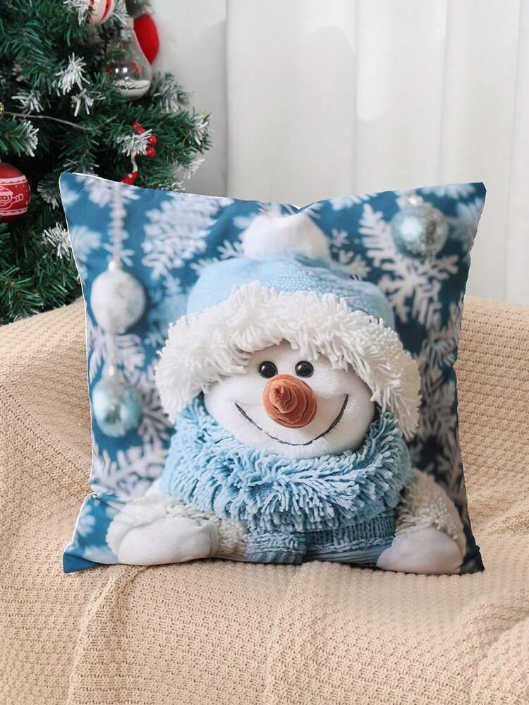 1Pc Christmas Pillowcase,Merry Christmas Cushion Cover With Blue Snowman  Design,45*45cm Peach Skin Throw Pillow Cover,Festival Cushion Case  (Excluding Pillow Core) Christmas Decorations,Christmas Pa