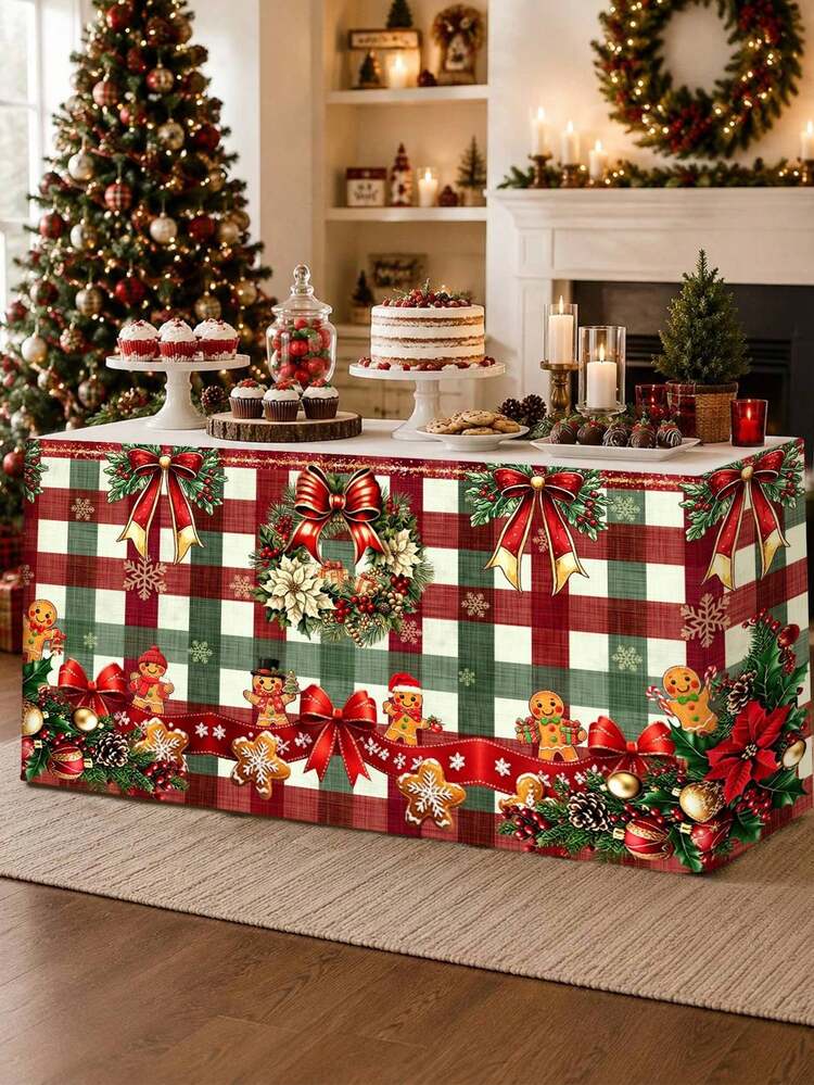 1pc Christmas Table Skirt, Cartoon Gingerbread Man & Bow Polyester Rectangle Table Cover, 5 Hook-And-Loop Fasteners Xmas Tablecloth, Festive Winter Holiday Kitchen Dining Table Decor Christmas Decor