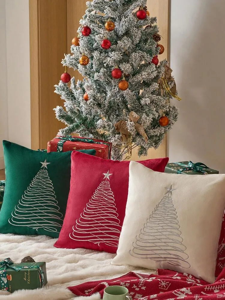 1pc Christmas Tree Throw Pillow Case,Plush Embroidery,White Christmas,For Living Room,Sofa Cushion Cover,Modern Style,Bedding Decor, Christmas Decor,Winter Decor,Xmas Gift | SHEIN EUQS