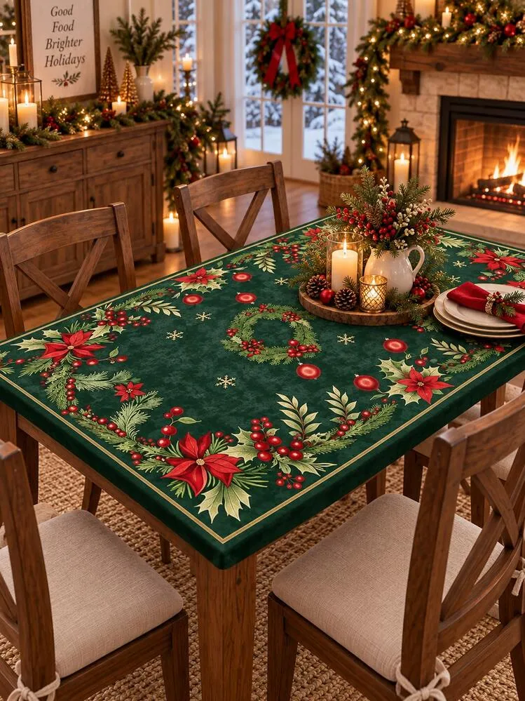1pc Dark Green Holly Poinsettia Christmas Stretch Tablecloth, Elegant Holiday Milk Silk Round & Rectangular Fitted Table Cover With Elastic Edge, Smooth Wrinkle-Resistant Table Protector For Christm