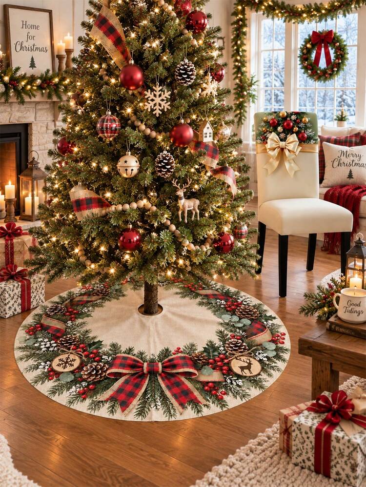 1PC Farmhouse Buffalo Check Christmas Tree Skirt, Linen Round Xmas Tree Base Mat With Red Black Plaid Bow Pinecone Berry Deer Evergreen Border, Holiday Tree Stand Cover For Christmas Decorations Hom