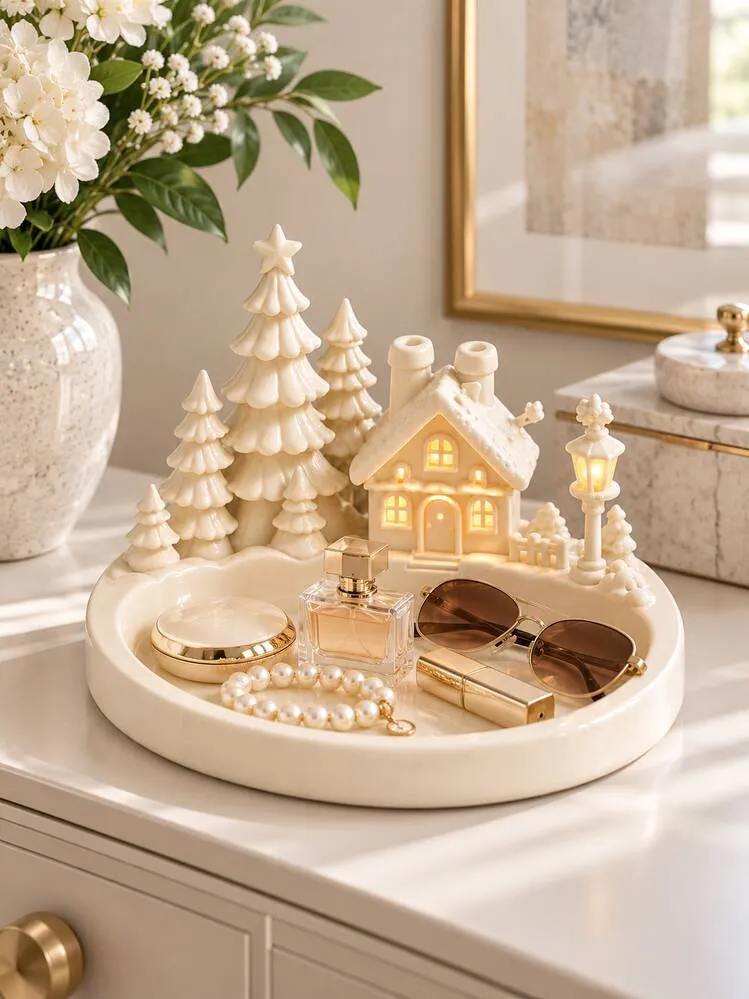 1pc Holiday Village Storage Tray, Elegant Ivory Christmas Cottage And Snow-Covered Tree Scene, Suitable For Vanity Or Entryway Console Necklace, Ring, Earring, Perfume And Daily Jewelry Storage Tray