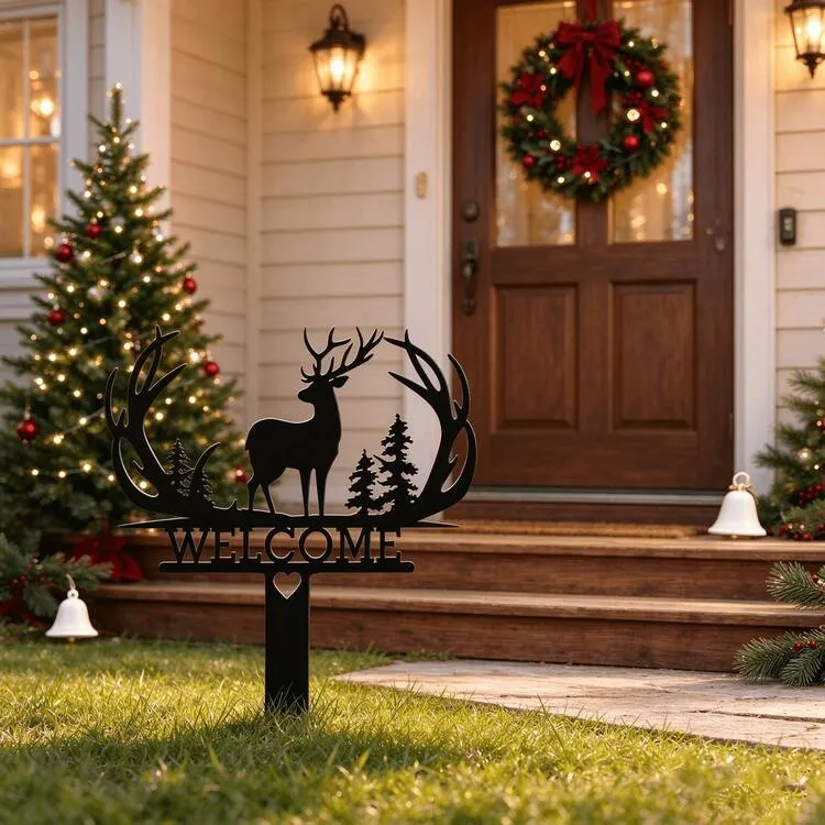 1pc Large 15.75inch Outdoor Iron Art Moose WELCOME Garden Stake Decor Sign,  Christmas New Year